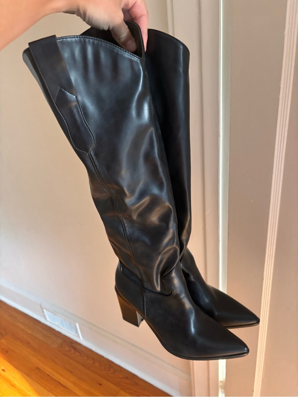 Lulu's Black Pointed-Toe Knee-High Block Heel Boots